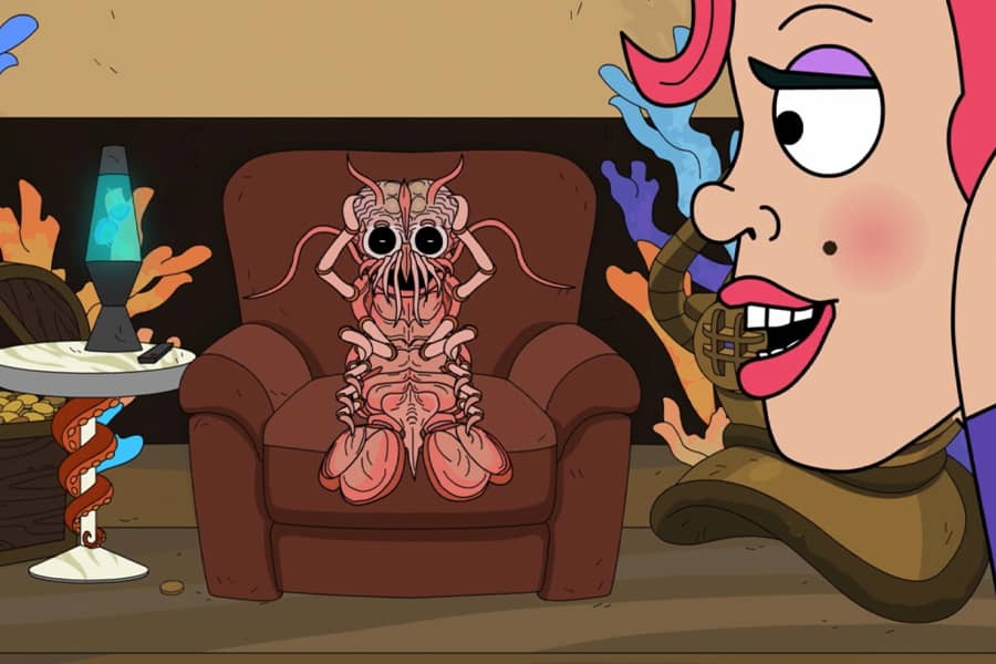 tiny evil space shrimp sitting in a small chair as a human woman speaks with him