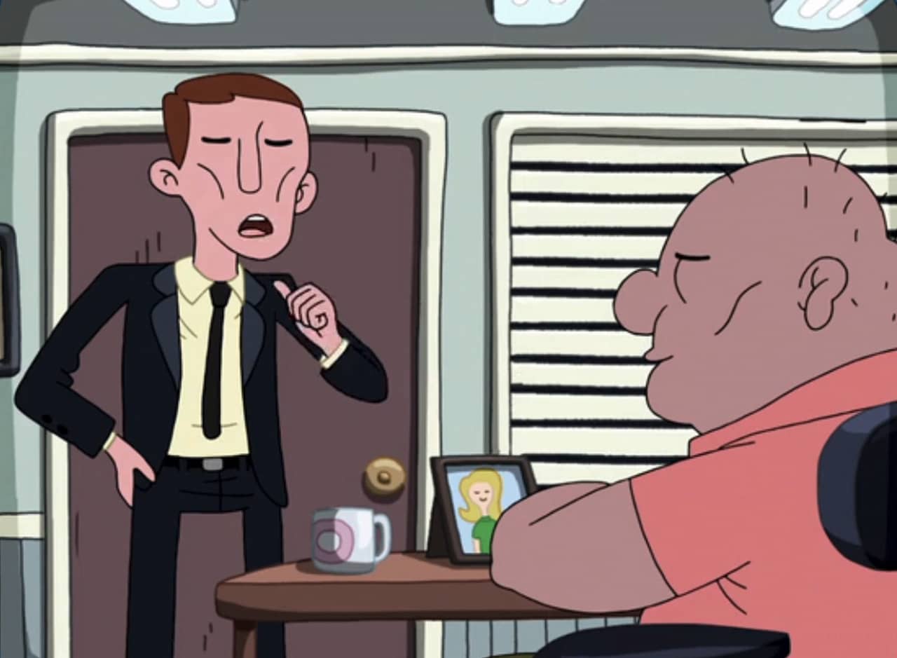 cartoon detective in a suit talking to a criminal in an interrogation room