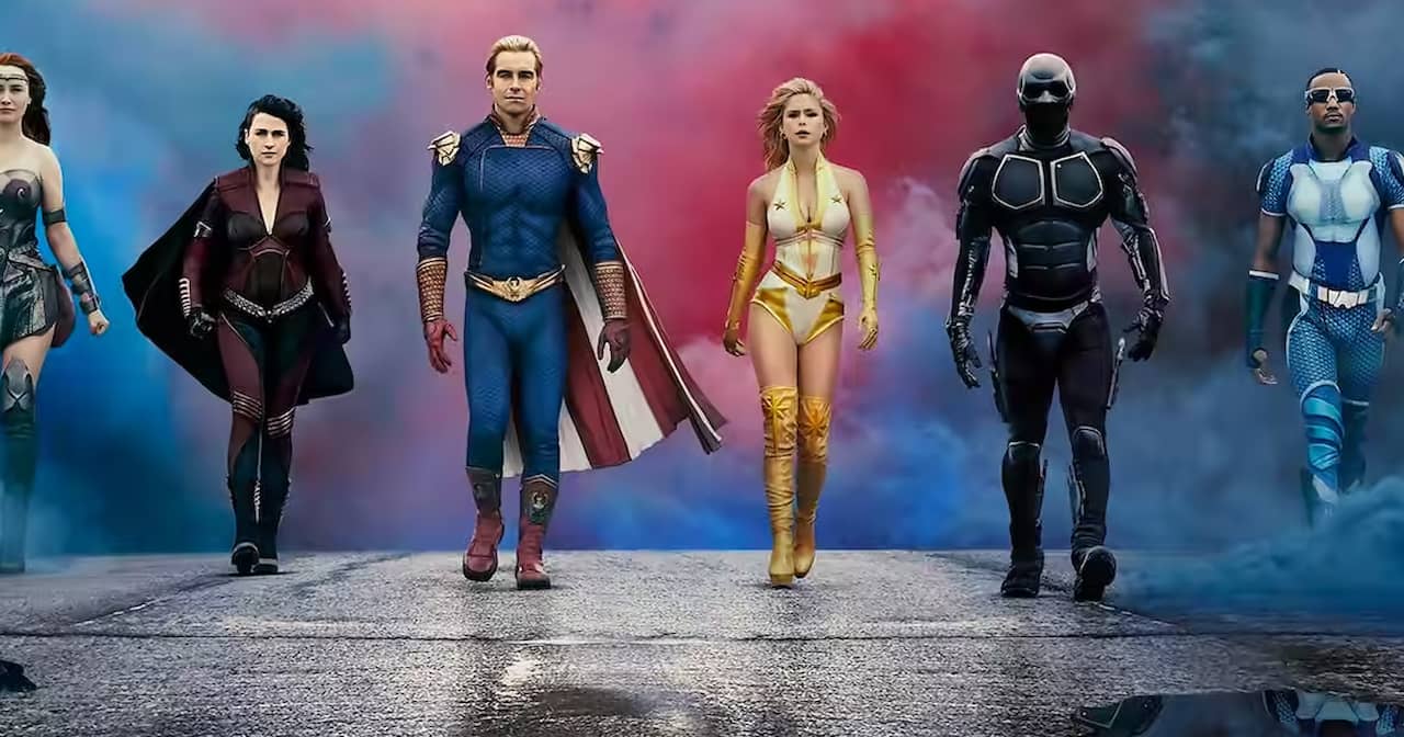 superoes The Seven walk dramatically down the street