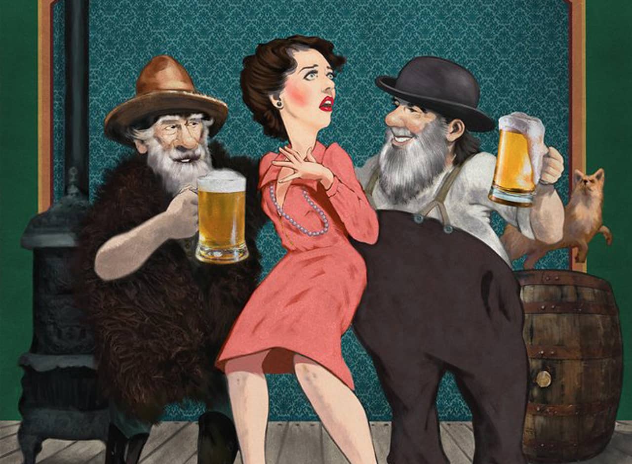 poster illustration of Constance Moore and two bearded bar patrons holding steins of beer