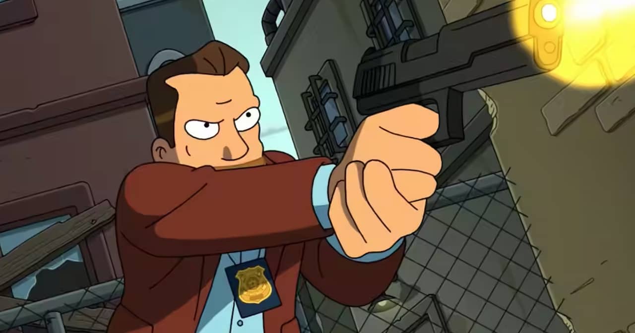 Detective Klaus Mandela on the street firing his gun