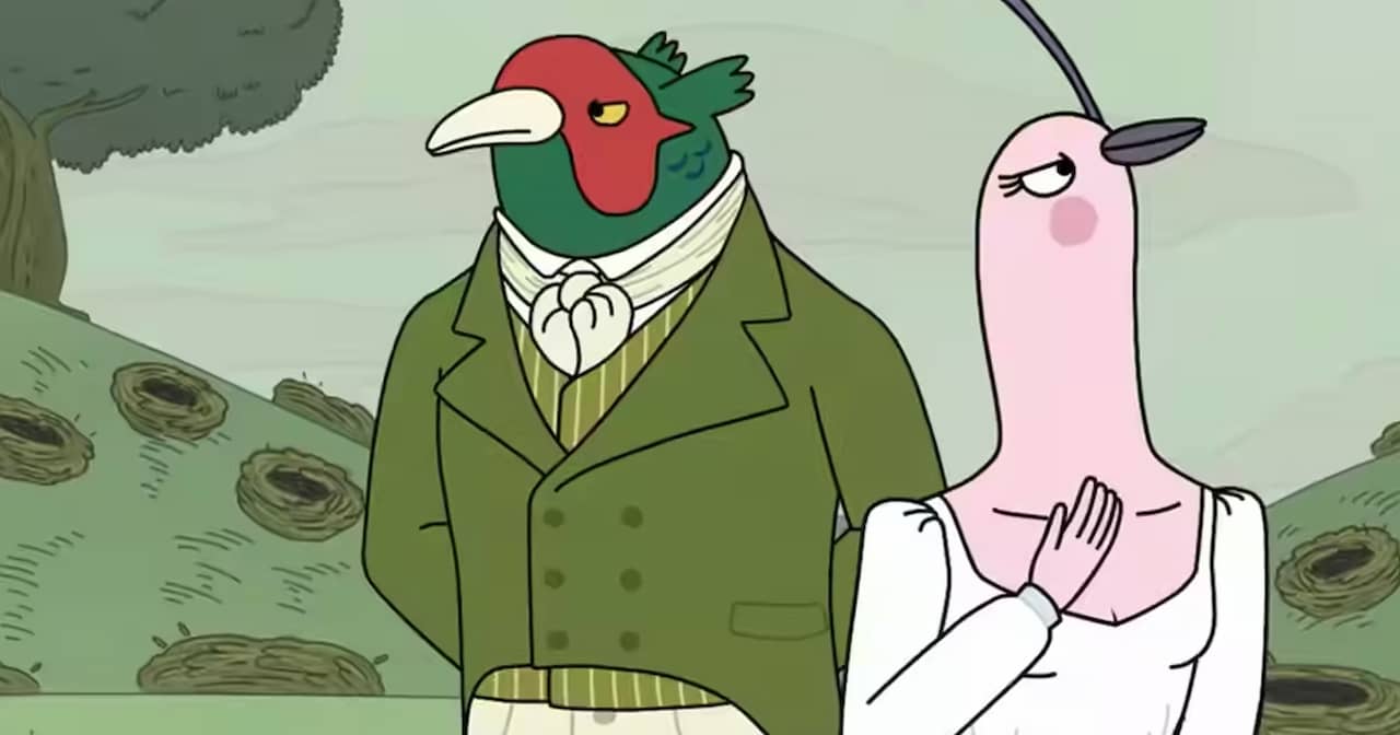 two anthropomorphic birds dressed in Regency era English clothing