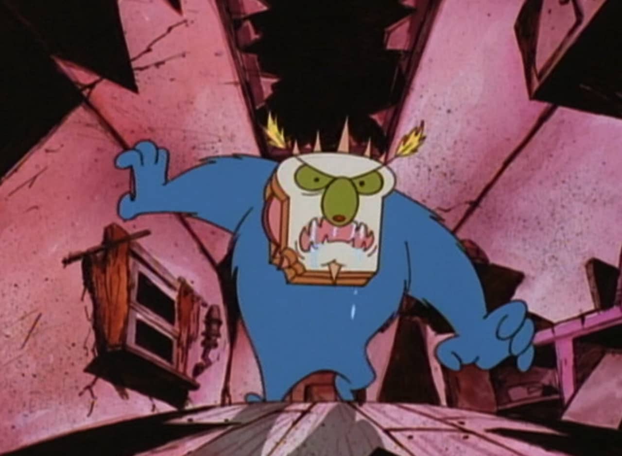 large blue furry monster with a bologna sandwich for a head and spikey toothpick hair walking down a scary hallway